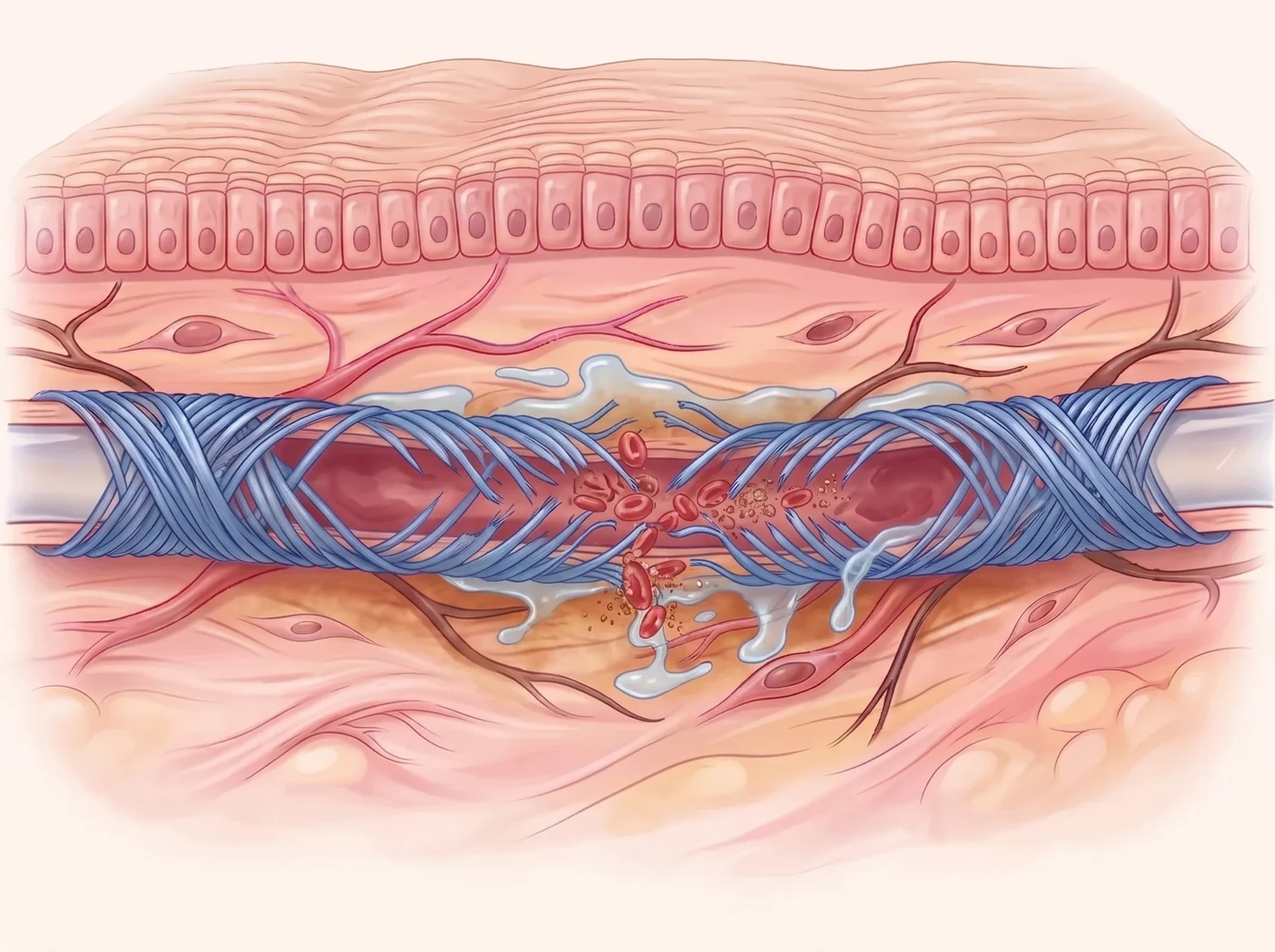 Vein wall gone soft, blood leaking into the skin and staining it